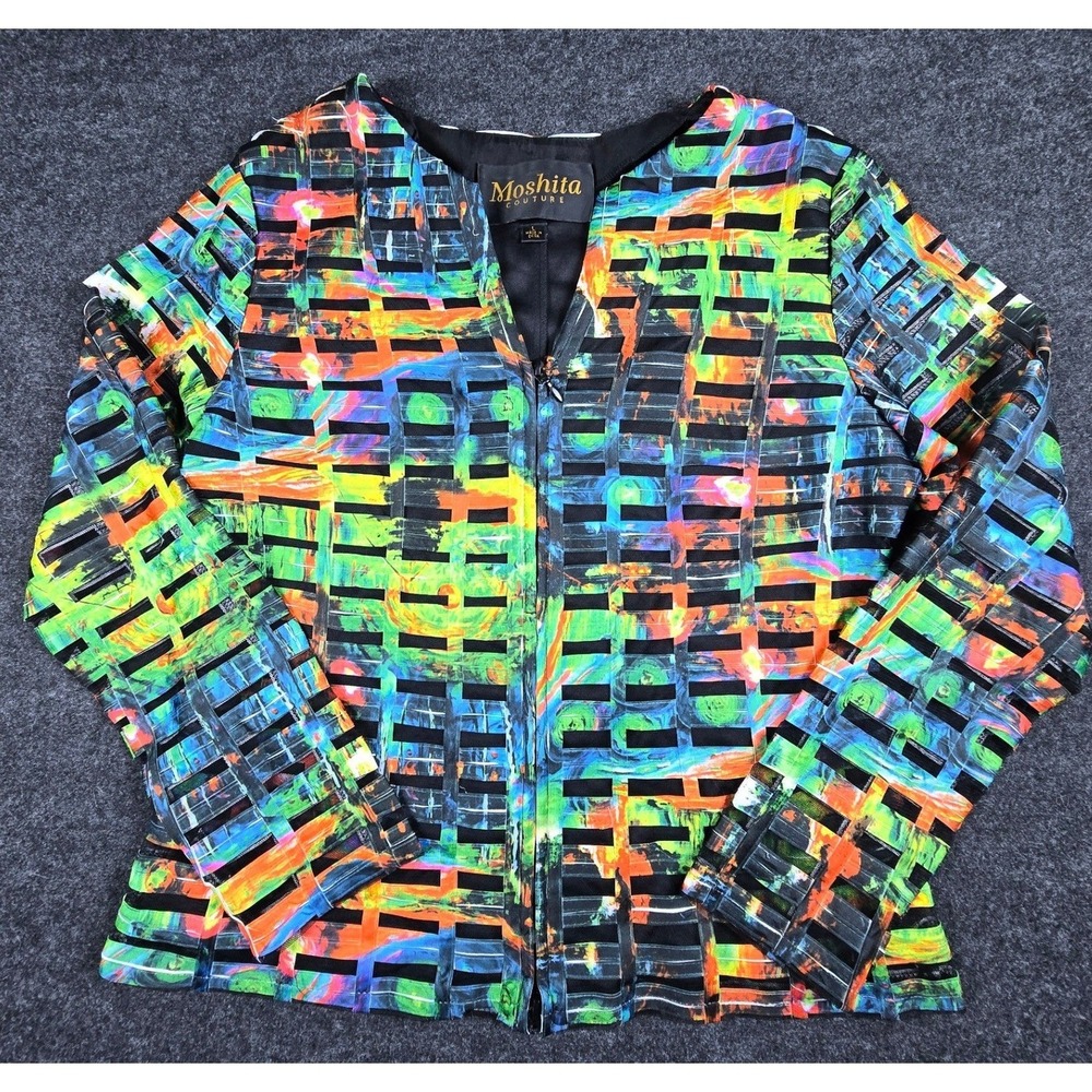 Vintage 90s Moshita Couture Women's Abstract Neon Mesh Zipper Jacket Size L